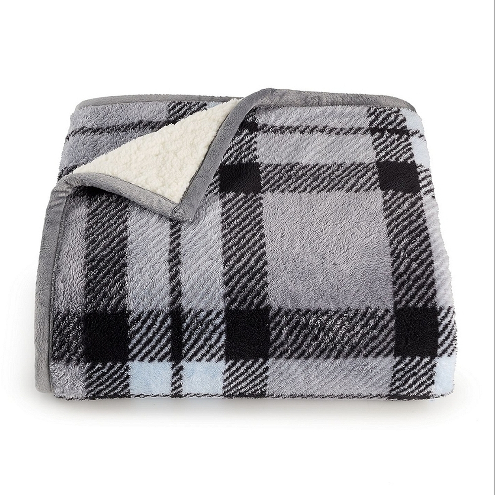 Cuddl Duds Blue Plaid Cozy Sherpa Throw Blanket 50in x 60in